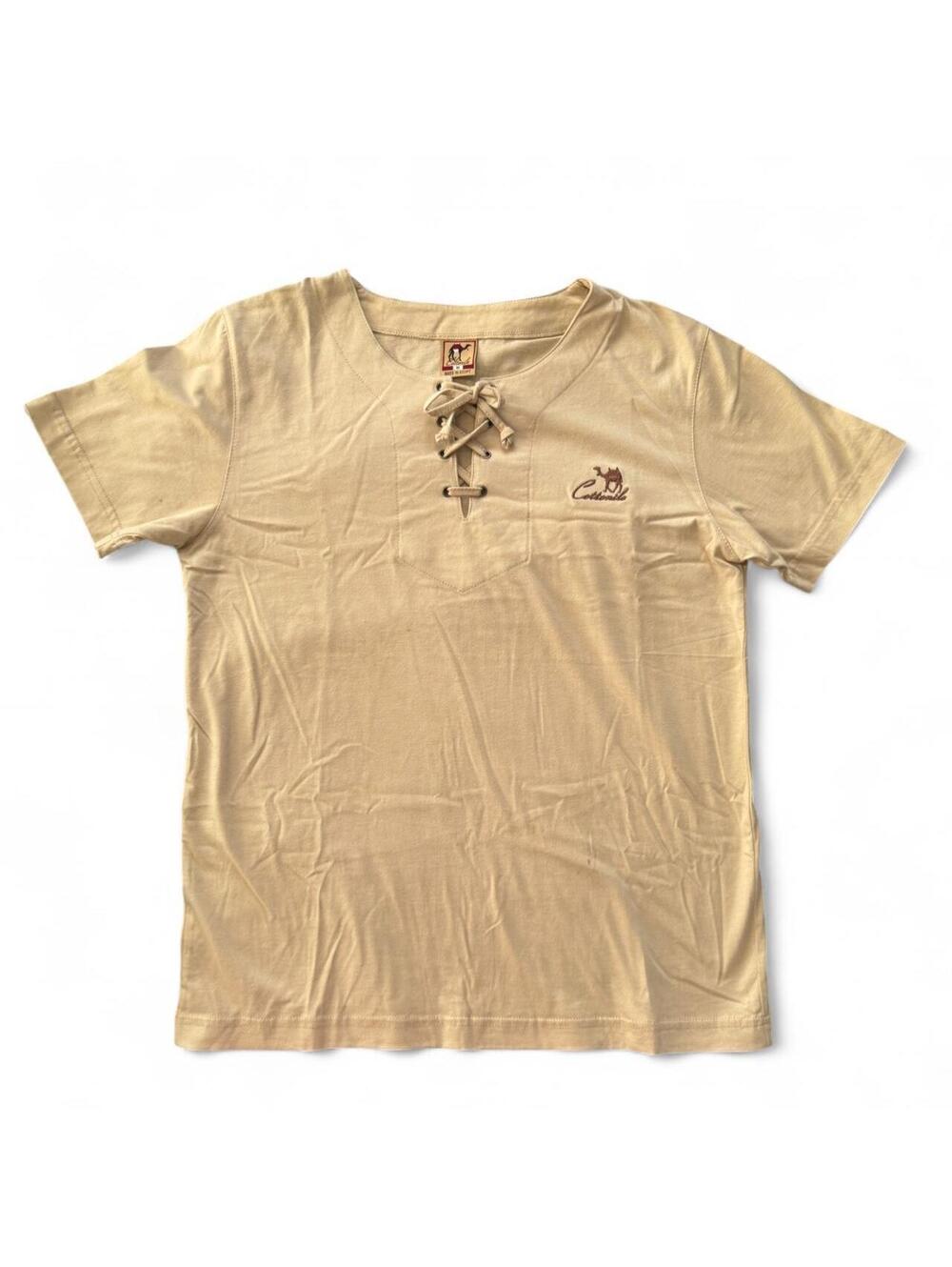 100% Egyptian Cotton Nude Color Grommet Lace-Up Normcore V-Neck T-Shirt Size M